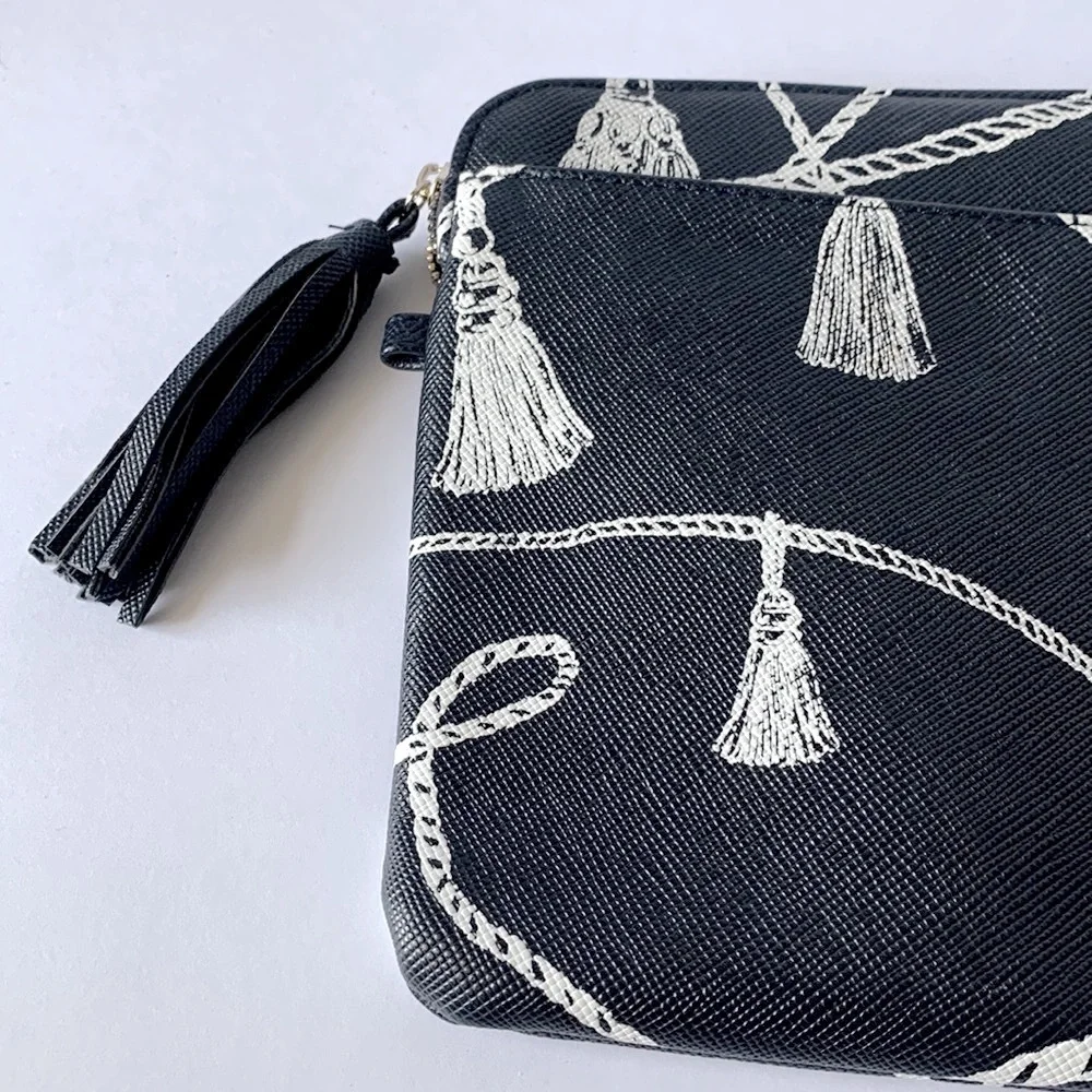 CHICO’S Navy Blue Textured Tassel Travel Makeup Bag